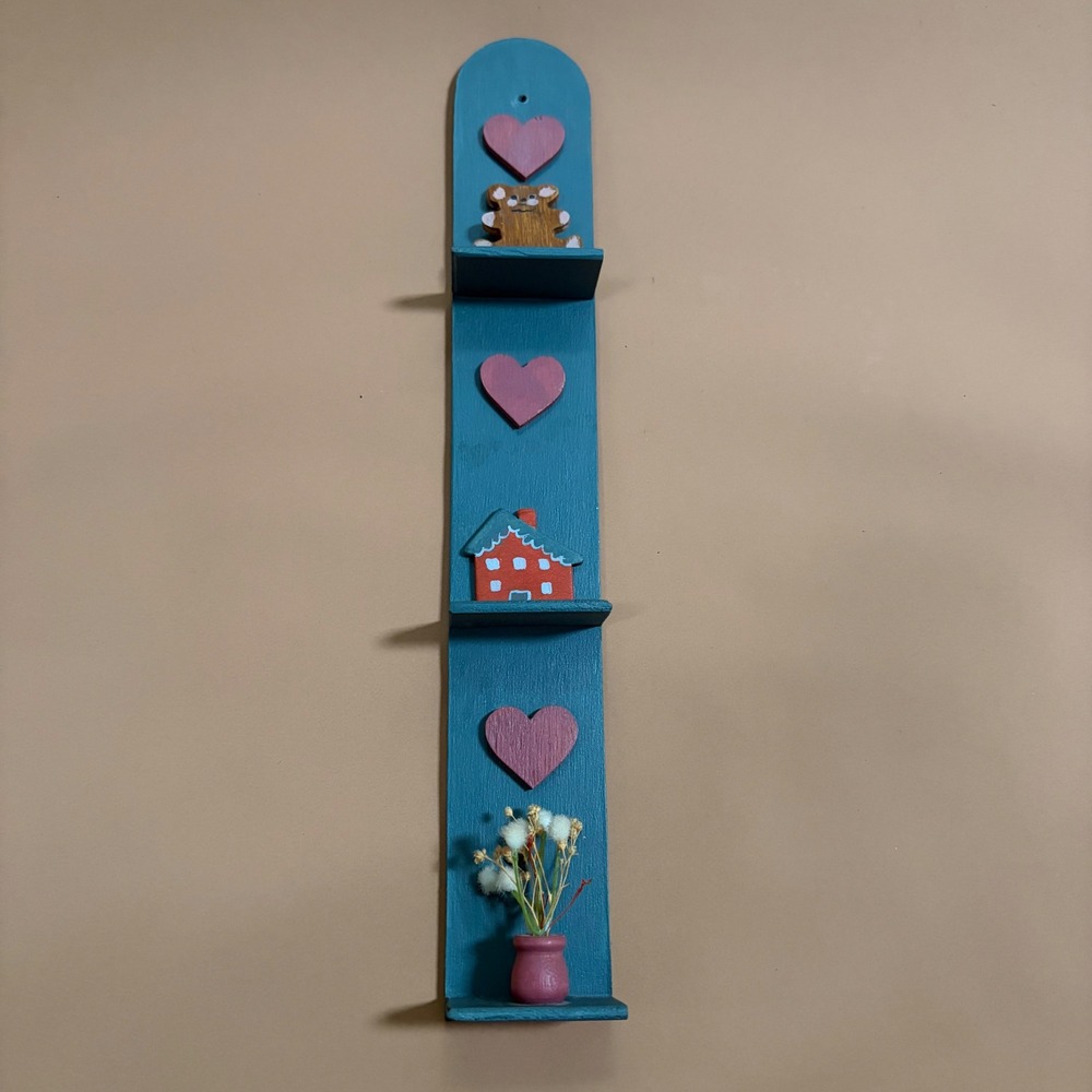 Vintage Folk Art 3D Wooden Wall Shelf Hearts Teddy Bear Cottage Grandma Retro